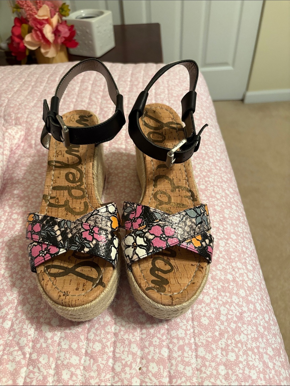 Sam Edelman Black Ankle-Strap Floral Wedge Sandals